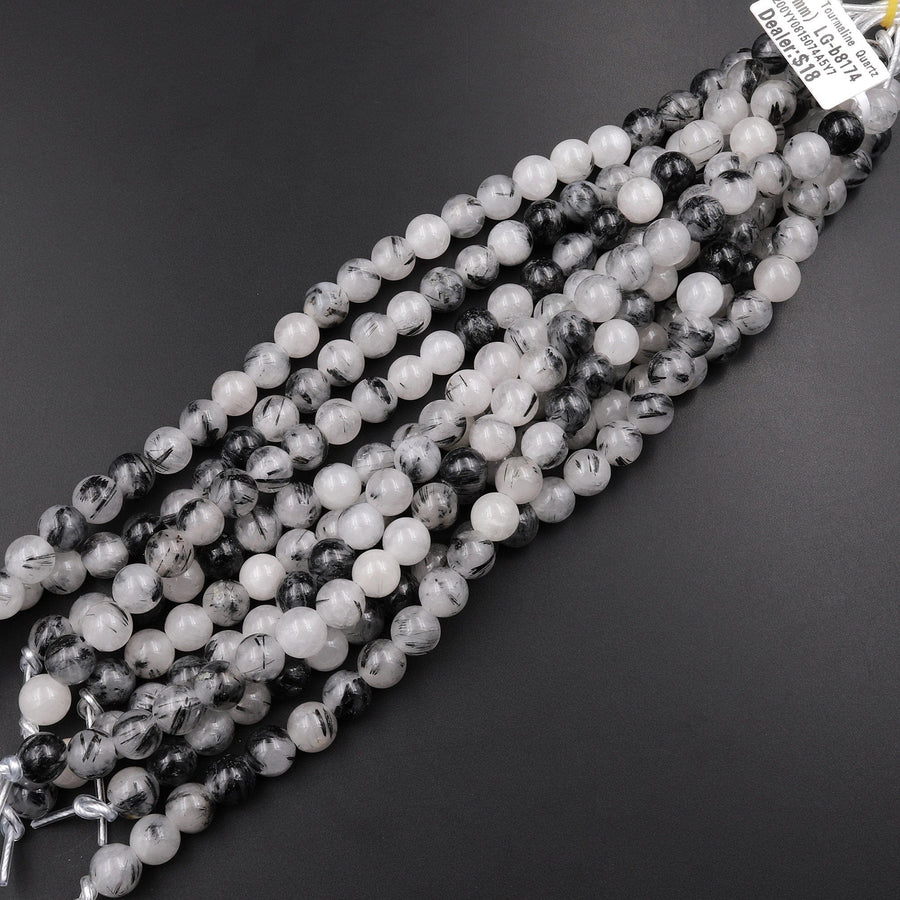 Large Hole Beads 2mm Drill Natural Black Tourmaline Rutilated Quartz 8mm 10mm Round Beads 8" Strand
