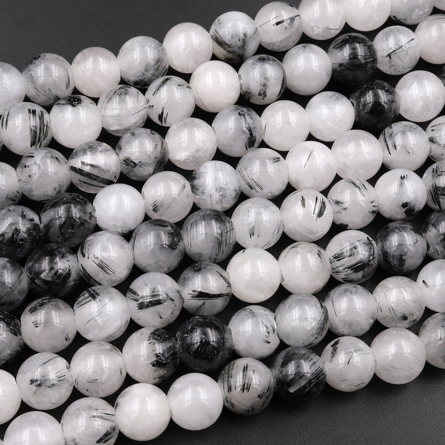 Large Hole Beads 2mm Drill Natural Black Tourmaline Rutilated Quartz 8mm 10mm Round Beads 8" Strand