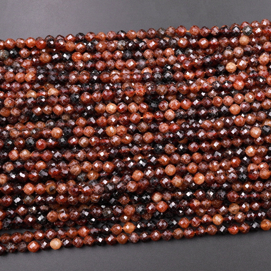 Natural Orange Hessonite Garnet Faceted 4mm 5mm Round Beads Micro Faceted Diamond Cut Gemstone 15.5" Strand