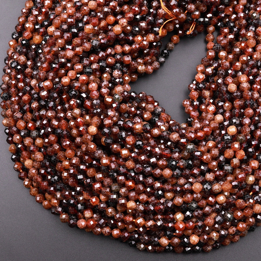 Natural Orange Hessonite Garnet Faceted 4mm 5mm Round Beads Micro Faceted Diamond Cut Gemstone 15.5" Strand