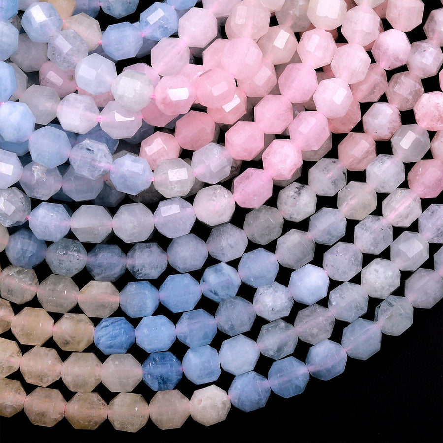 Faceted Natural Blue Aquamarine Pink Morganite 6mm Rounded Beads Energy Prism Double Terminated Beryl Point 15.5" Strand