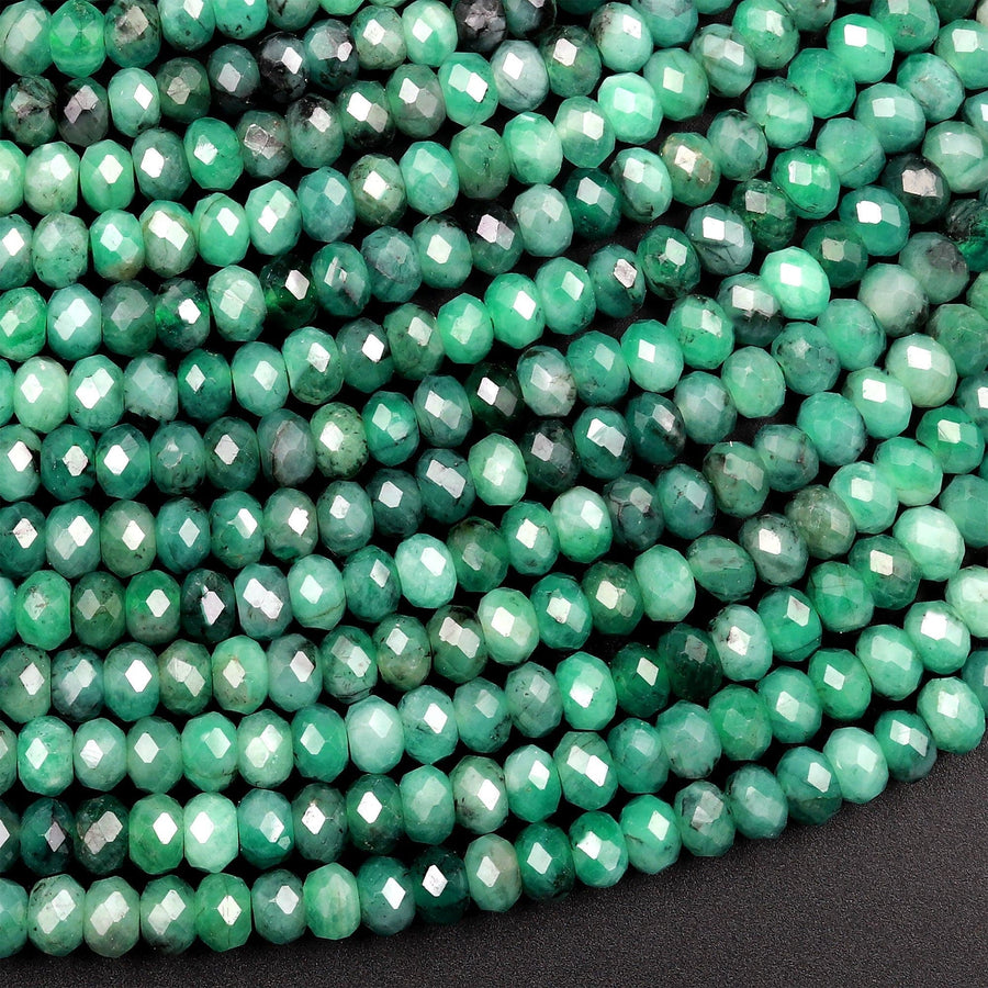 Real Genuine Natural Green Emerald Gemstone Faceted 4mm Rondelle Beads Laser Diamond Cut Gemstone May Birthstone 15.5" Strand