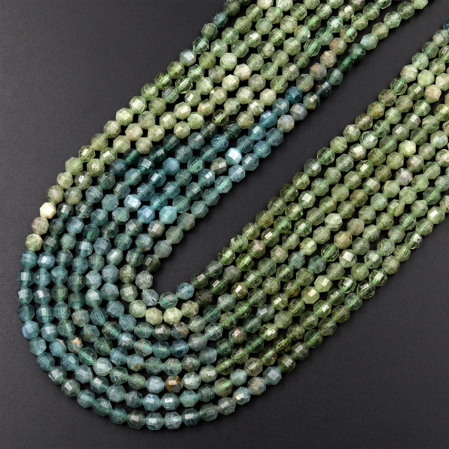 Rare Natural Green Apatite 4mm Beads Faceted Energy Prism Double Terminated Points 15.5" Strand