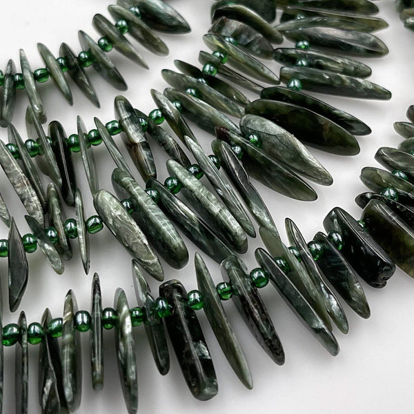 Natural Russian Seraphinite Freeform Spike Beads Top Side Drilled Long Stick Chip 15.5" Strand