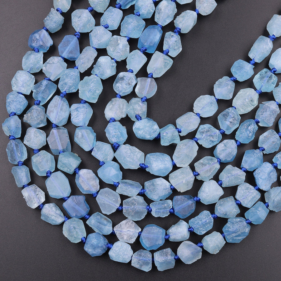 AAA Rough Raw Natural Aquamarine Freeform Beads Pebble Nuggets Hand Hammered Chiseled Blue Gemstone Organic Cut 15.5" Strand