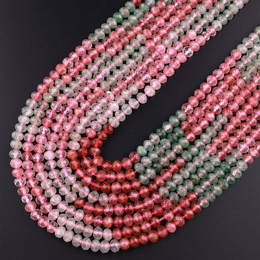 Natural Strawberry Quartz Faceted 6mm Rondelle Beads Micro Laser Cut Pink Green Gemstone 15.5" Strand