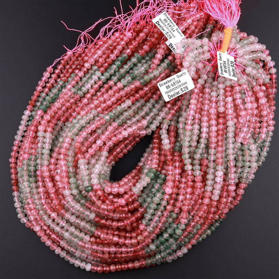 Natural Strawberry Quartz Faceted 6mm Rondelle Beads Micro Laser Cut Pink Green Gemstone 15.5" Strand