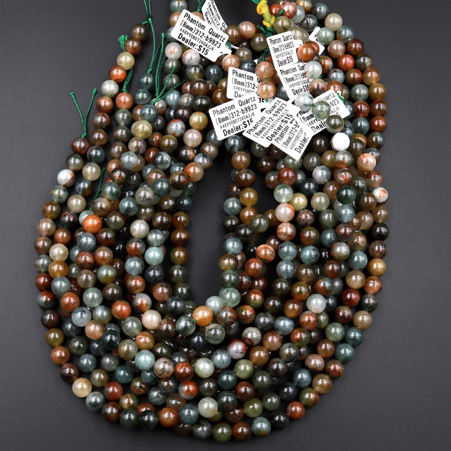 Natural Green Red Phantom Quartz 6mm 8mm 10mm Round Beads Multi Color Quartz Crystal Gemstone 15.5" Strand