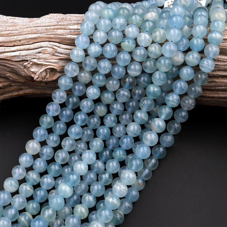 Natural Argentina Lemurian Aquatine Blue Calcite Smooth Round Beads 6mm 7mm 8mm 10mm 12mm Gemstone 15.5" Strand