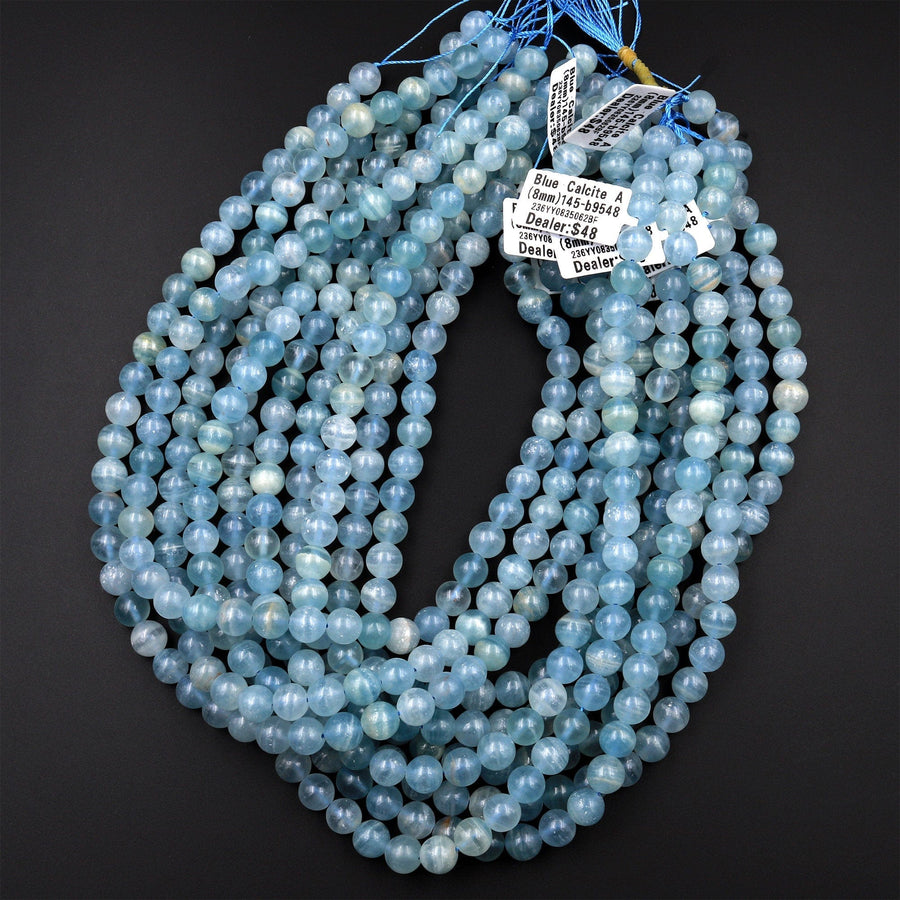 Natural Argentina Lemurian Aquatine Blue Calcite Smooth Round Beads 6mm 7mm 8mm 10mm 12mm Gemstone 15.5" Strand