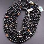 Natural Black Tourmaline Beads 4mm 6mm 8mm 10mm 12mm Round With Quartz Mica Calcite Red Iron Matrix 15.5" Strand