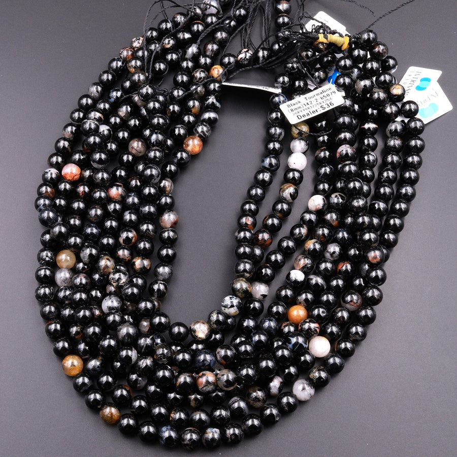 Natural Black Tourmaline Beads 4mm 6mm 8mm 10mm 12mm Round With Quartz Mica Calcite Red Iron Matrix 15.5" Strand
