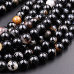 Natural Black Tourmaline Beads 4mm 6mm 8mm 10mm 12mm Round With Quartz Mica Calcite Red Iron Matrix 15.5" Strand