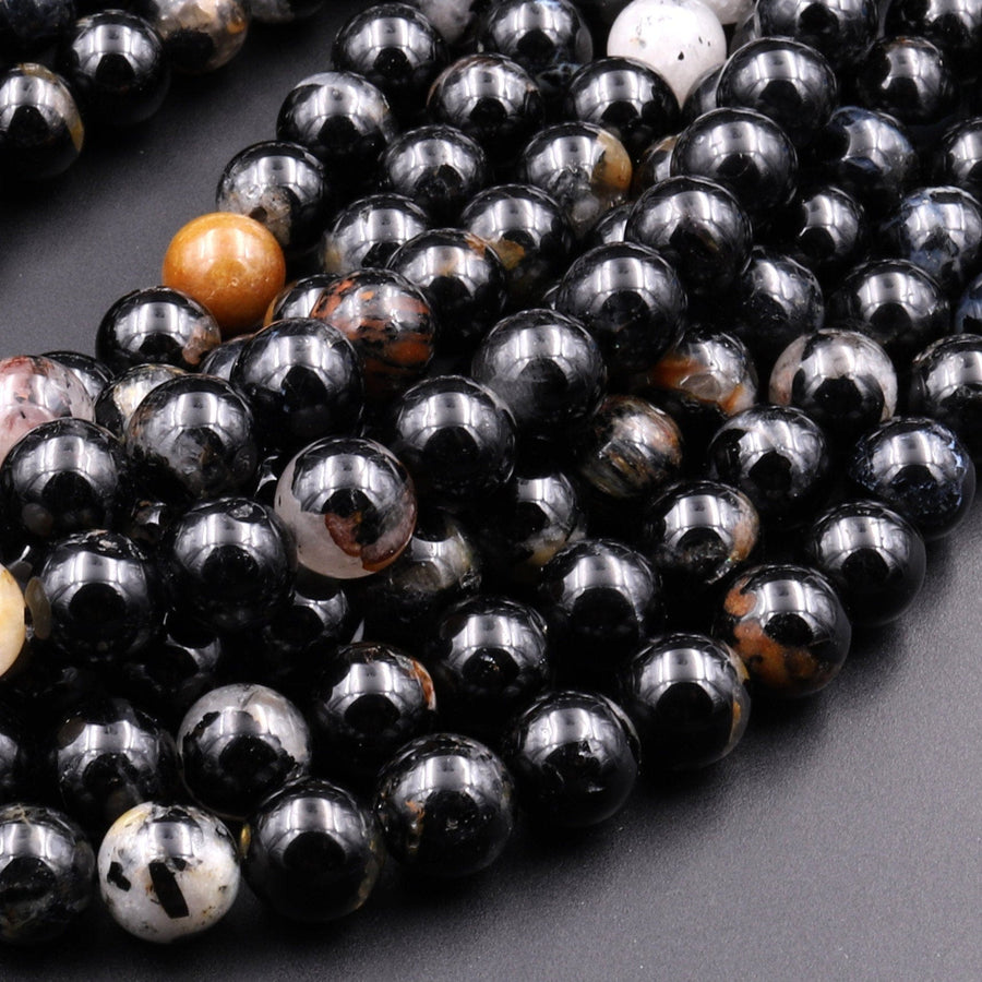 Natural Black Tourmaline Beads 4mm 6mm 8mm 10mm 12mm Round With Quartz Mica Calcite Red Iron Matrix 15.5" Strand