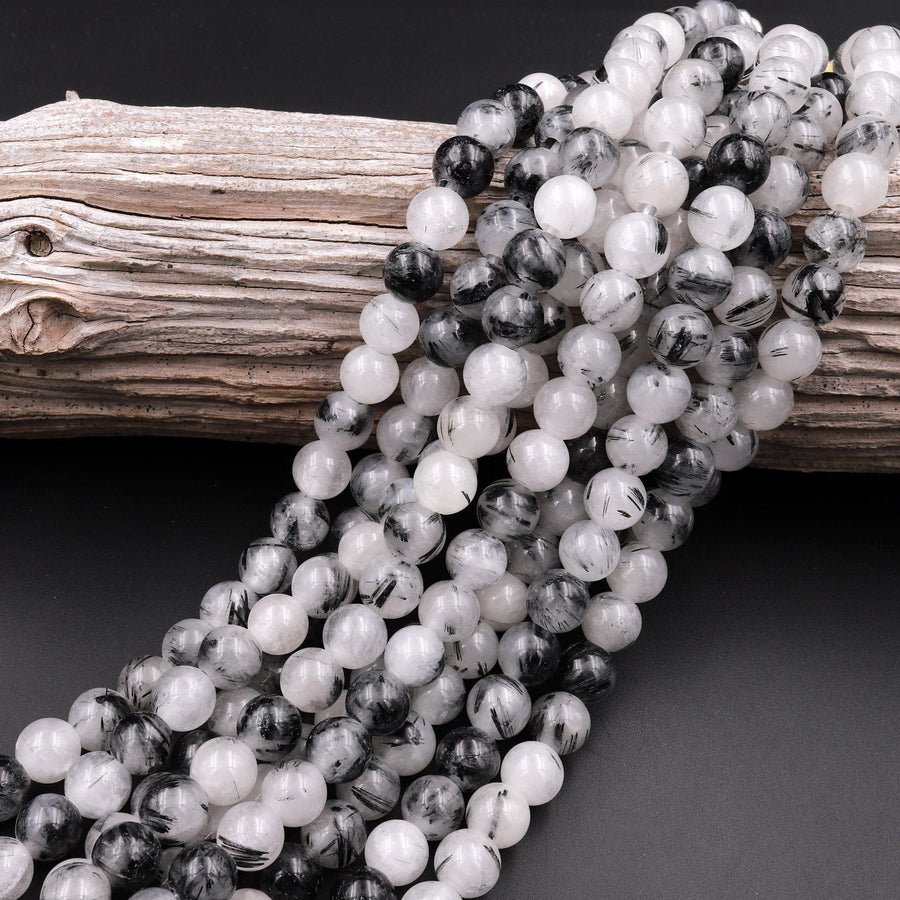 Large Hole Beads 2mm Drill Natural Black Tourmaline Rutilated Quartz 8mm 10mm Round Beads 8" Strand