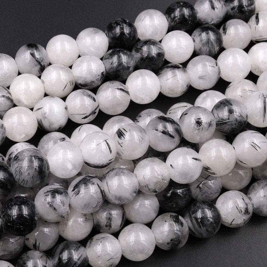 Large Hole Beads 2mm Drill Natural Black Tourmaline Rutilated Quartz 8mm 10mm Round Beads 8" Strand
