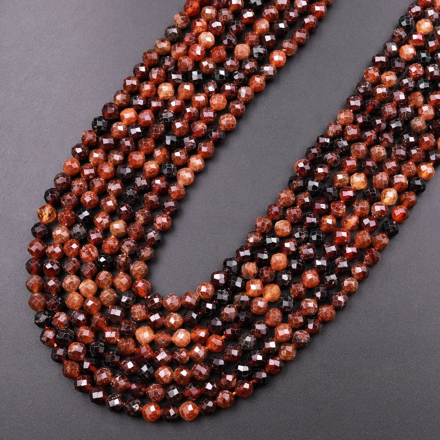 Natural Orange Hessonite Garnet Faceted 4mm 5mm Round Beads Micro Faceted Diamond Cut Gemstone 15.5" Strand