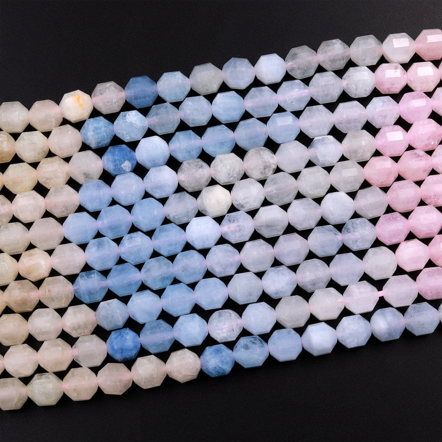 Faceted Natural Blue Aquamarine Pink Morganite 6mm Rounded Beads Energy Prism Double Terminated Beryl Point 15.5" Strand