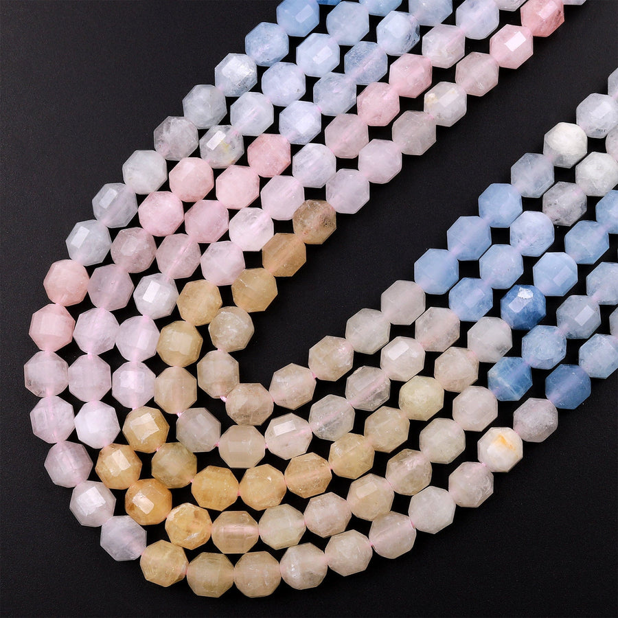 Faceted Natural Blue Aquamarine Pink Morganite 6mm Rounded Beads Energy Prism Double Terminated Beryl Point 15.5" Strand