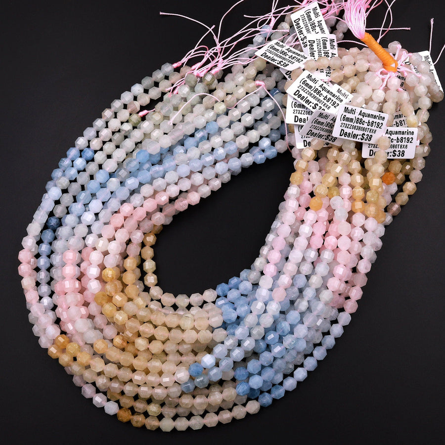 Faceted Natural Blue Aquamarine Pink Morganite 6mm Rounded Beads Energy Prism Double Terminated Beryl Point 15.5" Strand