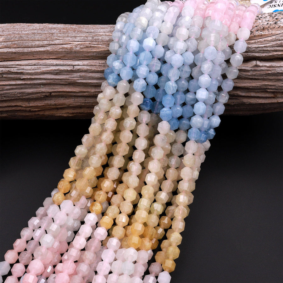 Faceted Natural Blue Aquamarine Pink Morganite 6mm Rounded Beads Energy Prism Double Terminated Beryl Point 15.5" Strand