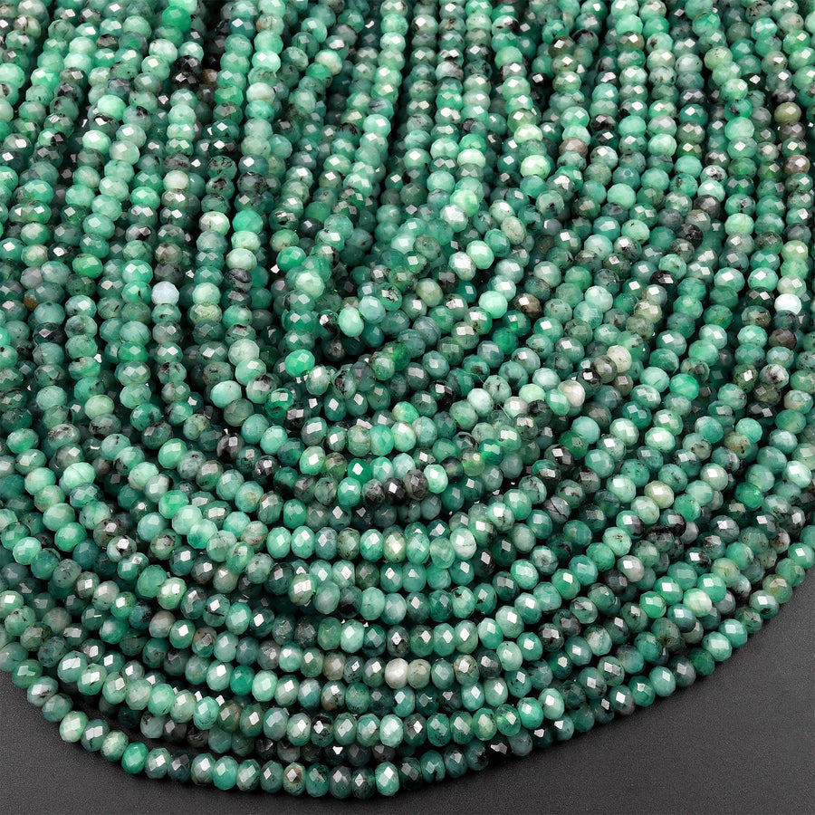 Real Genuine Natural Green Emerald Gemstone Faceted 4mm Rondelle Beads Laser Diamond Cut Gemstone May Birthstone 15.5" Strand