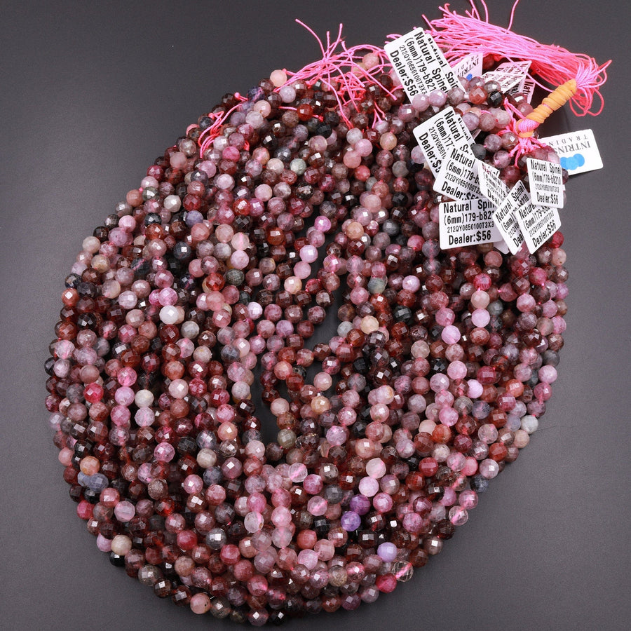 Real Genuine Natural Spinel Faceted Round Beads 6mm Multicolor Red Pink Purple Gemstone 15.5" Strand