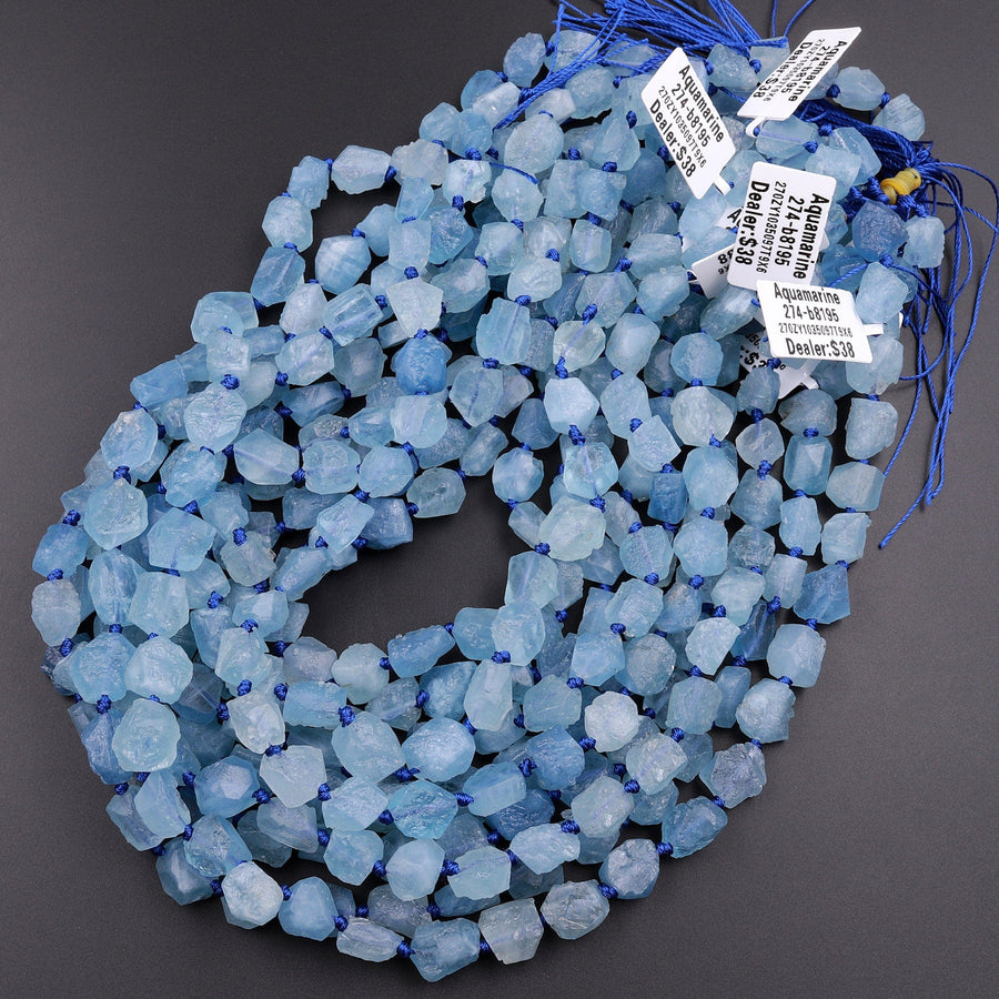 AAA Rough Raw Natural Aquamarine Freeform Beads Pebble Nuggets Hand Hammered Chiseled Blue Gemstone Organic Cut 15.5" Strand