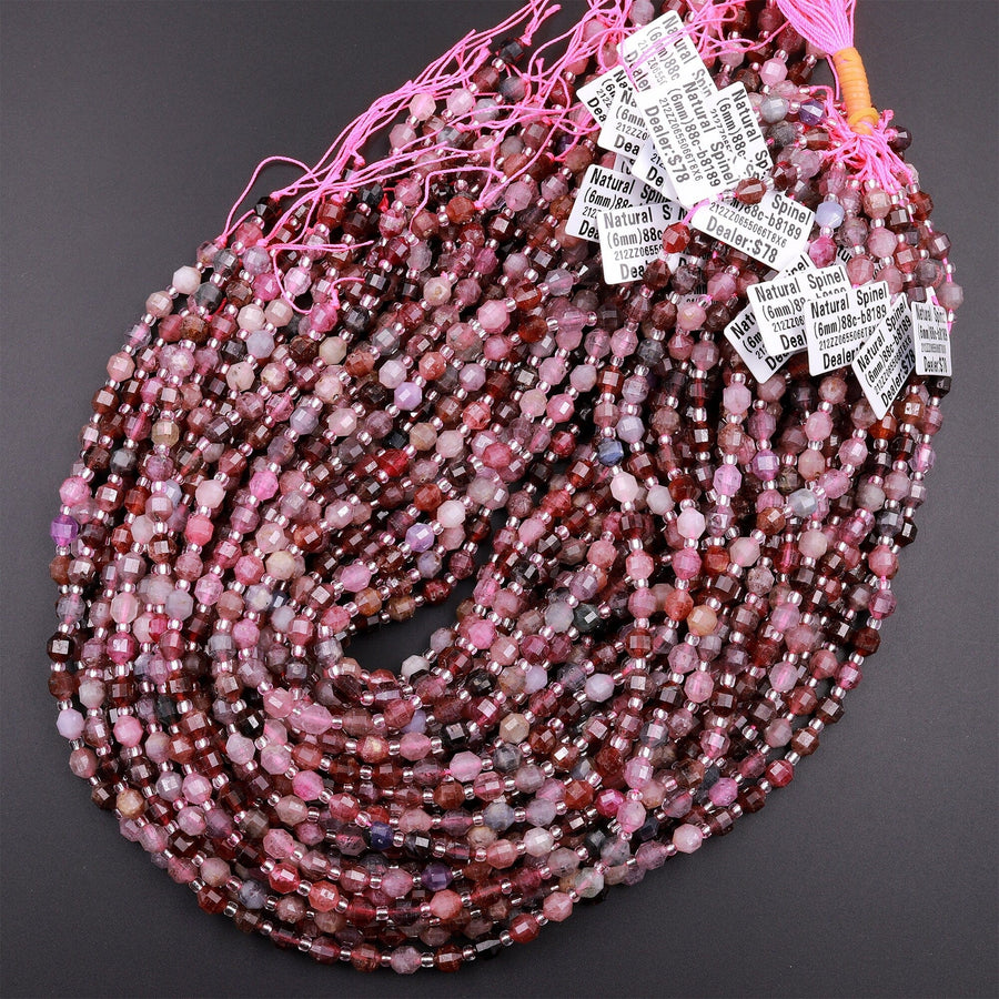 Genuine Natural Red Pink Spinel Gemstone Rounded Prism 6mm Beads 15.5" Strand