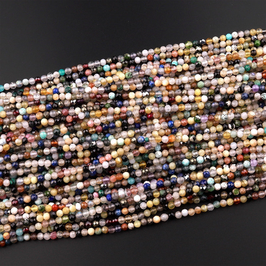 Micro Faceted Multicolor Mixed Gemstone Round Beads 3mm Garnet Yellow Opal Amazonite Lapis Amethyst Rutile Quartz 15.5" Strand