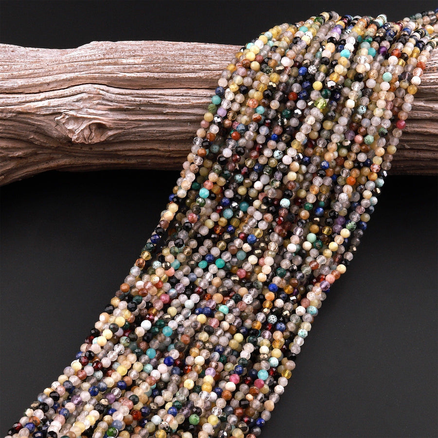 Micro Faceted Multicolor Mixed Gemstone Round Beads 3mm Garnet Yellow Opal Amazonite Lapis Amethyst Rutile Quartz 15.5" Strand