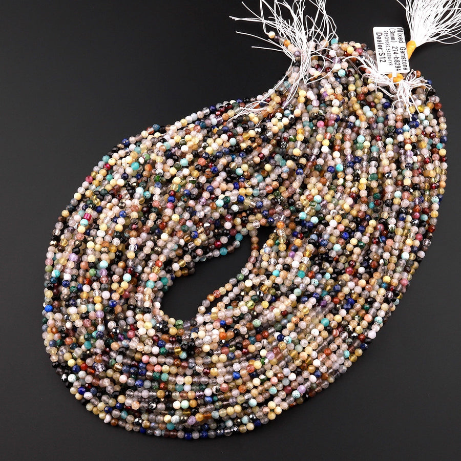 Micro Faceted Multicolor Mixed Gemstone Round Beads 3mm Garnet Yellow Opal Amazonite Lapis Amethyst Rutile Quartz 15.5" Strand