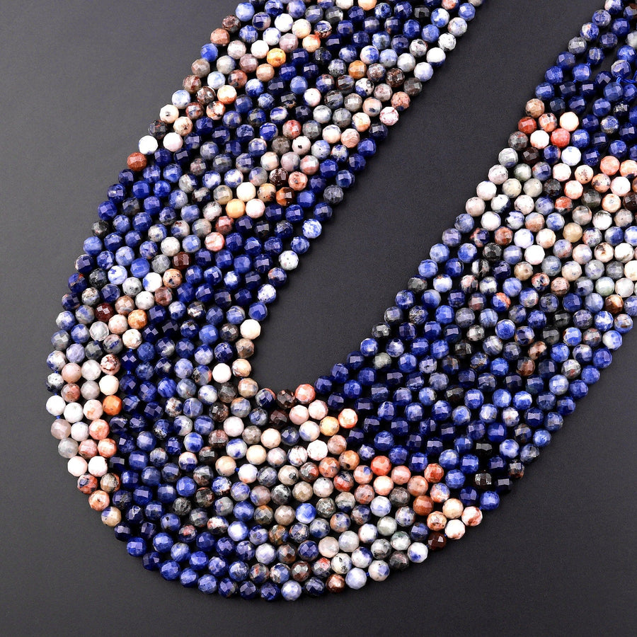 Micro Faceted Natural Orange Sodalite 4mm Round Beads Multicolor Shaded Gemstone 15.5" Strand