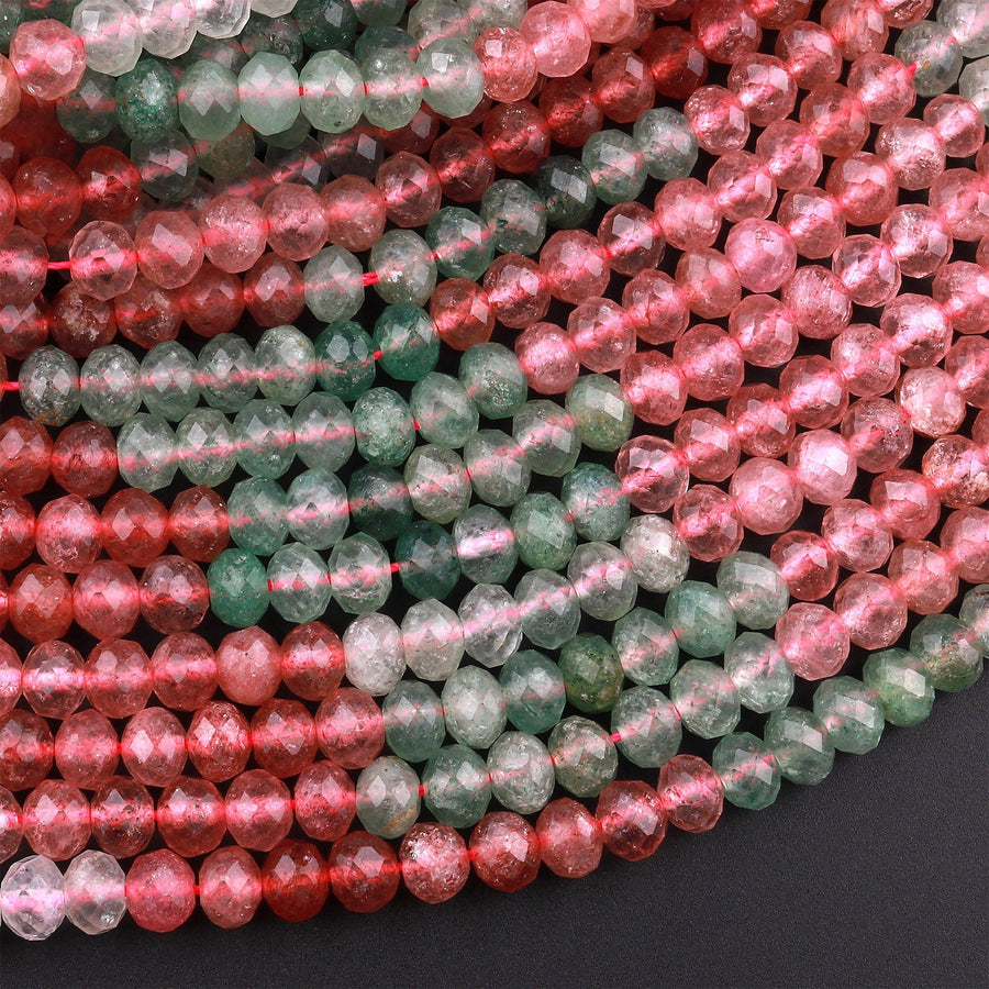 Natural Strawberry Quartz Faceted 6mm Rondelle Beads Micro Laser Cut Pink Green Gemstone 15.5" Strand