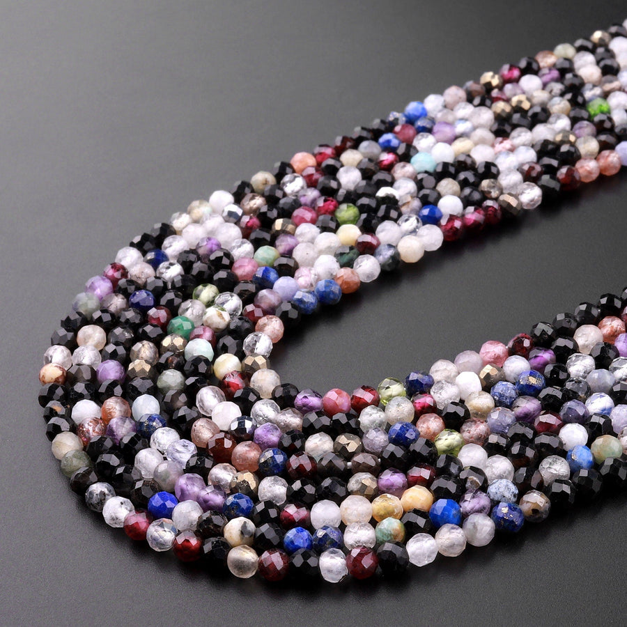 Micro Faceted Multicolor Gemstone Round Beads 3mm Black Spinel Garnet Quartz Moonstone Laser Diamond Cut Gemstone 15.5" Strand