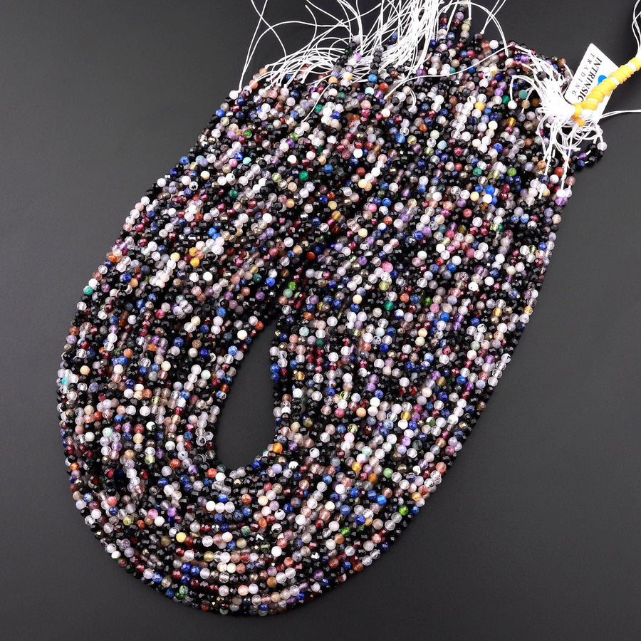 Micro Faceted Multicolor Gemstone Round Beads 3mm Black Spinel Garnet Quartz Moonstone Laser Diamond Cut Gemstone 15.5" Strand