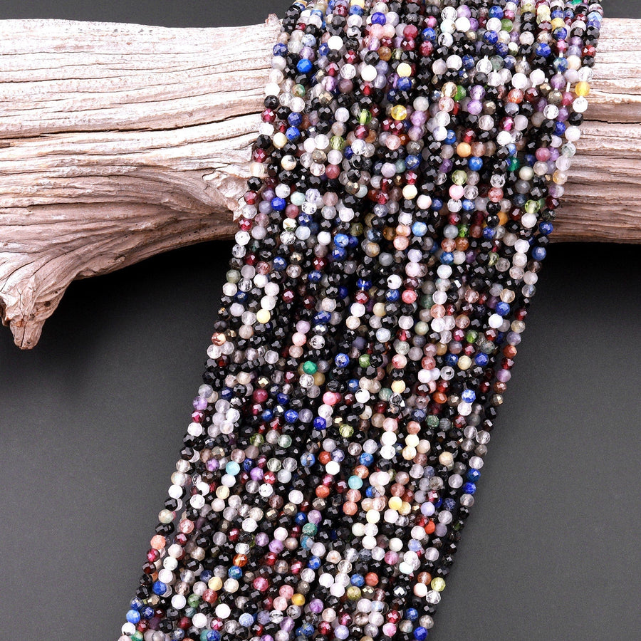 Micro Faceted Multicolor Gemstone Round Beads 3mm Black Spinel Garnet Quartz Moonstone Laser Diamond Cut Gemstone 15.5" Strand