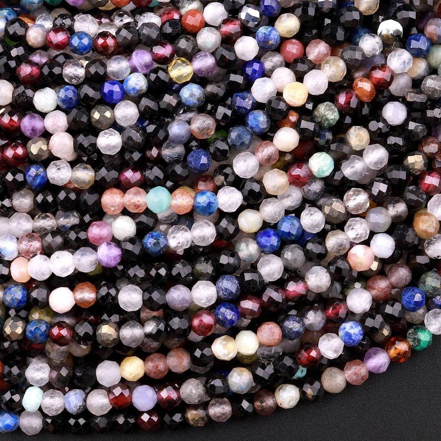 Micro Faceted Multicolor Gemstone Round Beads 3mm Black Spinel Garnet Quartz Moonstone Laser Diamond Cut Gemstone 15.5" Strand