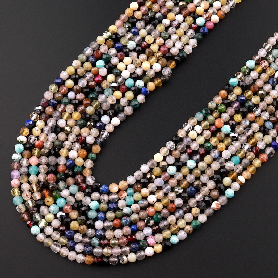 Micro Faceted Multicolor Mixed Gemstone Round Beads 3mm Garnet Yellow Opal Amazonite Lapis Amethyst Rutile Quartz 15.5" Strand