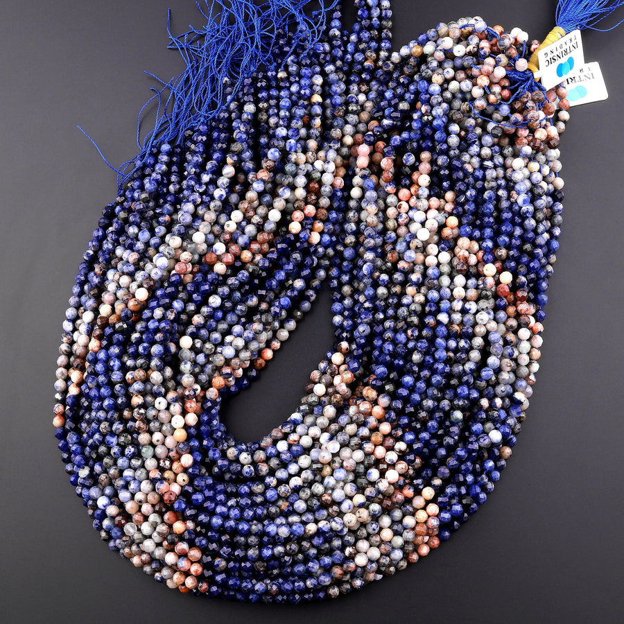 Micro Faceted Natural Orange Sodalite 4mm Round Beads Multicolor Shaded Gemstone 15.5" Strand