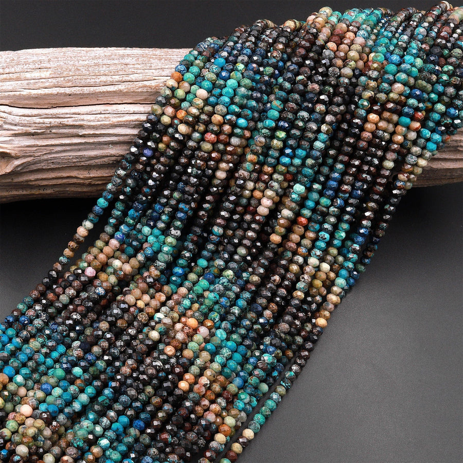 Faceted Natural Chrysocolla Azurite Rondelle Beads 4mm Laser Diamond Cut Blue Green Brown Gemstone 15.5" Strand