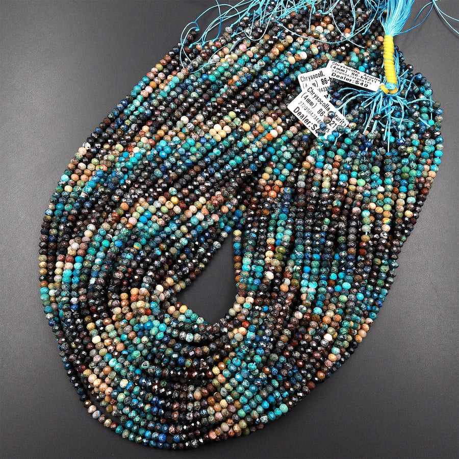 Faceted Natural Chrysocolla Azurite Rondelle Beads 4mm Laser Diamond Cut Blue Green Brown Gemstone 15.5" Strand