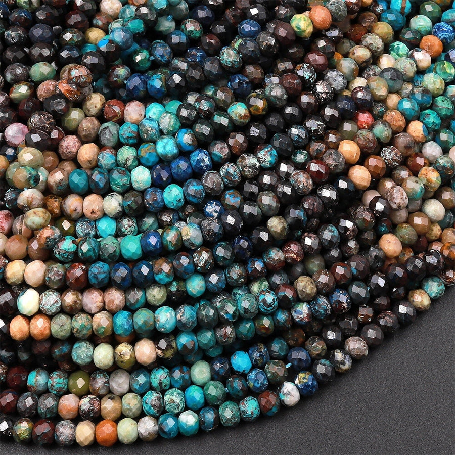 Faceted Natural Chrysocolla Azurite Rondelle Beads 4mm Laser Diamond Cut Blue Green Brown Gemstone 15.5" Strand