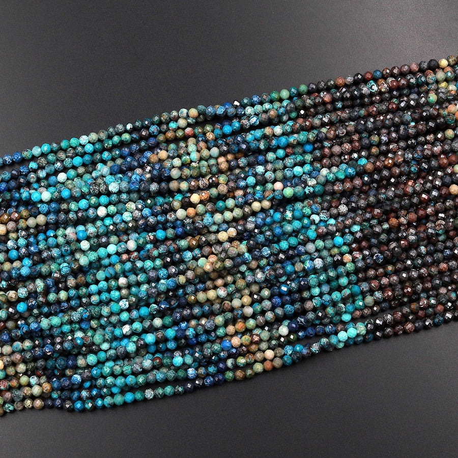 AAA Micro Faceted Natural Chrysocolla Azurite Round Beads 3mm Multicolor Blue Green Brown Gemstone 15.5" Strand