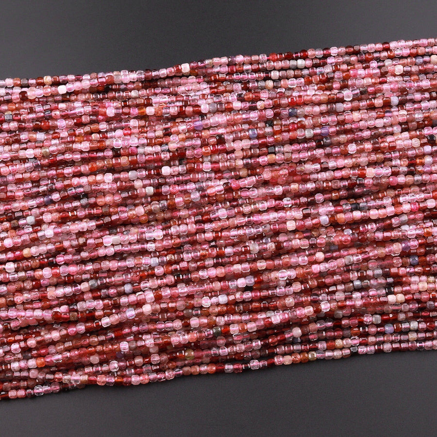Real Genuine Natural Red Pink Spinel Faceted Cube Beads 2mm 3mm Multicolor Gemstone 15.5" Strand