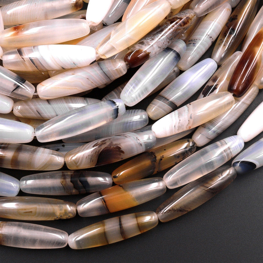 Natural Montana Agate Beads Long Slender Barrel Cylinder Tube 15.5" Strand