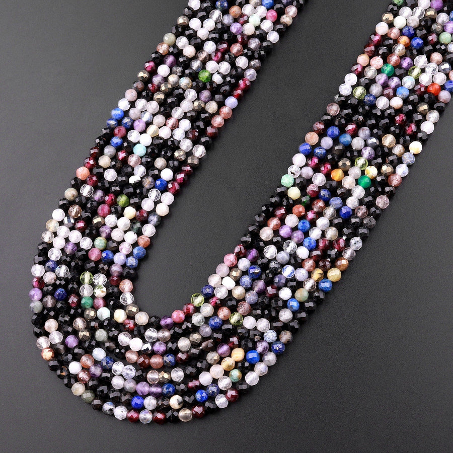 Micro Faceted Multicolor Gemstone Round Beads 3mm Black Spinel Garnet Quartz Moonstone Laser Diamond Cut Gemstone 15.5" Strand