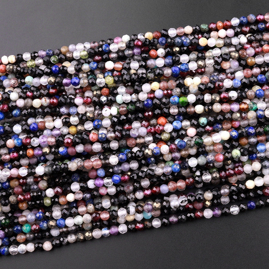 Micro Faceted Multicolor Gemstone Round Beads 3mm Black Spinel Garnet Quartz Moonstone Laser Diamond Cut Gemstone 15.5" Strand