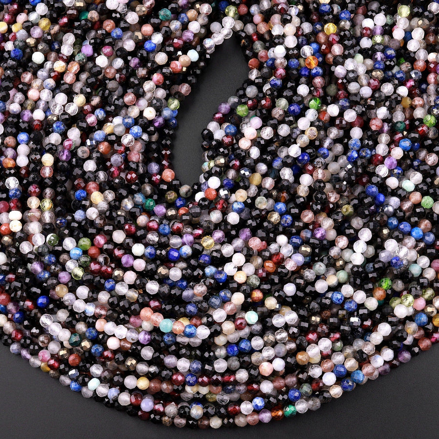 Micro Faceted Multicolor Gemstone Round Beads 3mm Black Spinel Garnet Quartz Moonstone Laser Diamond Cut Gemstone 15.5" Strand
