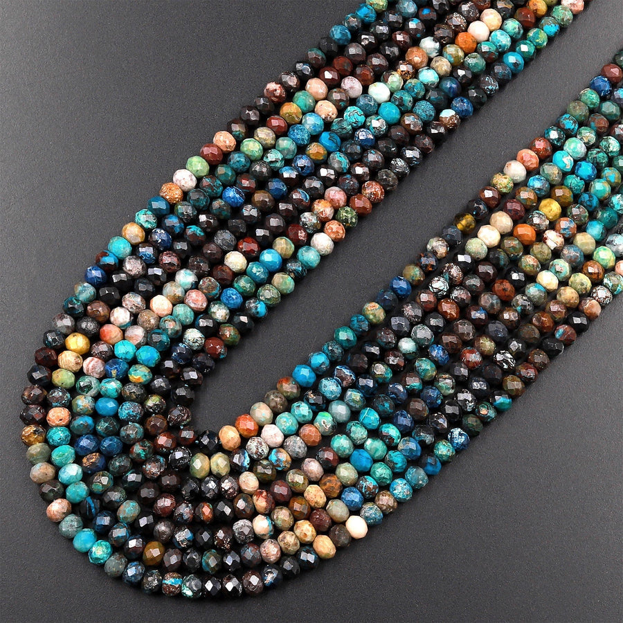 Faceted Natural Chrysocolla Azurite Rondelle Beads 4mm Laser Diamond Cut Blue Green Brown Gemstone 15.5" Strand